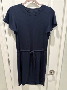 PAIGE Navy Short Sleeve Drawstring Knit Mini Dress